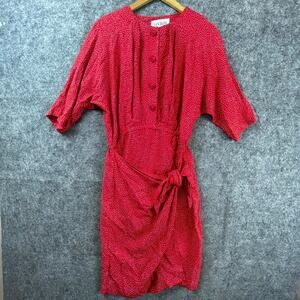 Vintage Santa Fe Dress Womens 14 Red Polka Dot Knotted Front Batwing 80s Wrap